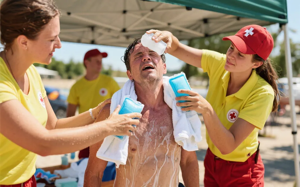 现场急救降温步骤示意：阴凉处、冷敷颈部腋下、补液与呼救