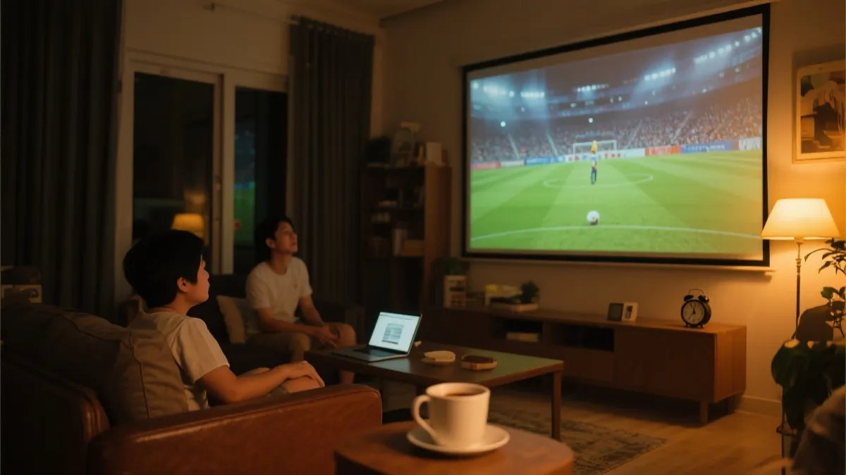 越南时间观看世界杯决赛的夜晚：客厅投影、闹钟、咖啡与小睡计划的氛围占位图