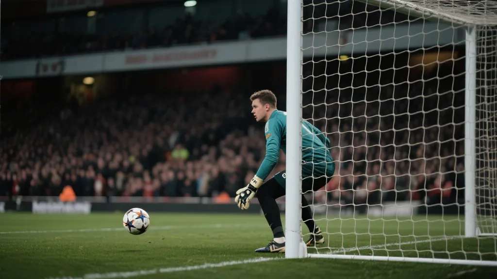 门将面对点球的瞬间，球场聚光灯与观众虚化背景，紧张氛围